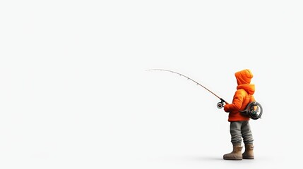A young angler in an orange jacket stands with a fishing rod, ready for a day of fishing in a serene environment.