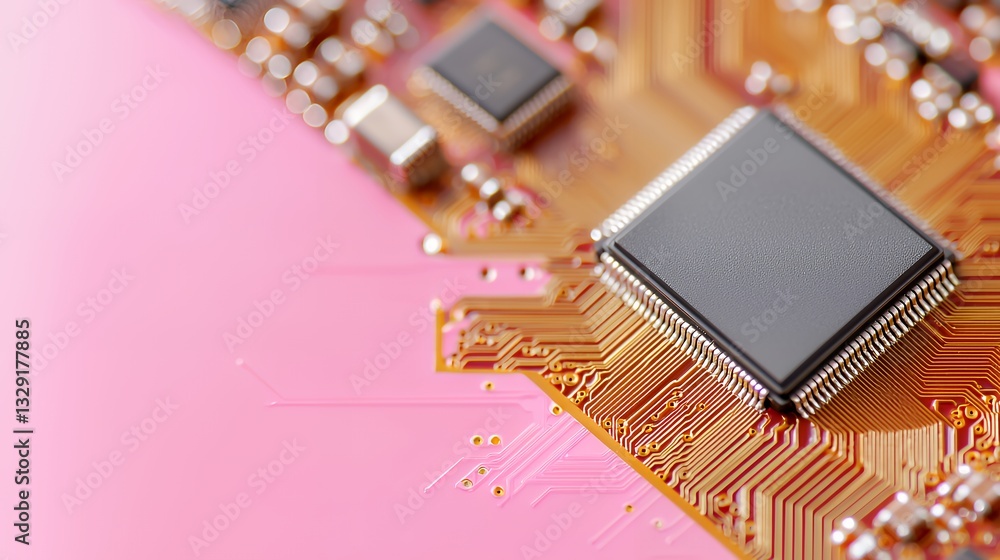 Poster close-up of computer chip on circuit board with pink background