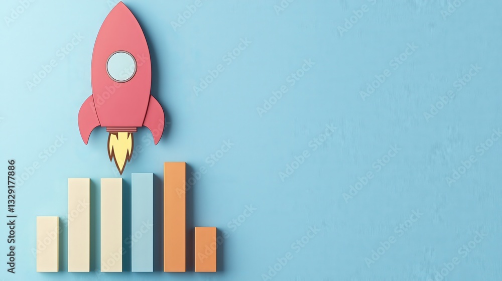 Poster create opportunities development goal-setting concept. rocket launching over colorful bar graph on a