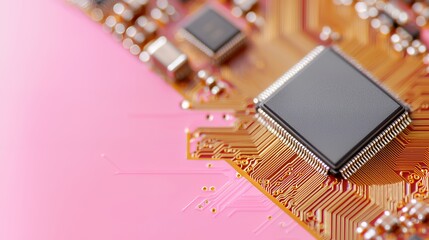 Close-up of Computer Chip on Circuit Board with Pink Background