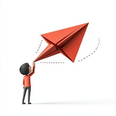 A young boy joyfully launches a red paper airplane, symbolizing creativity and playfulness in a minimalist setting.