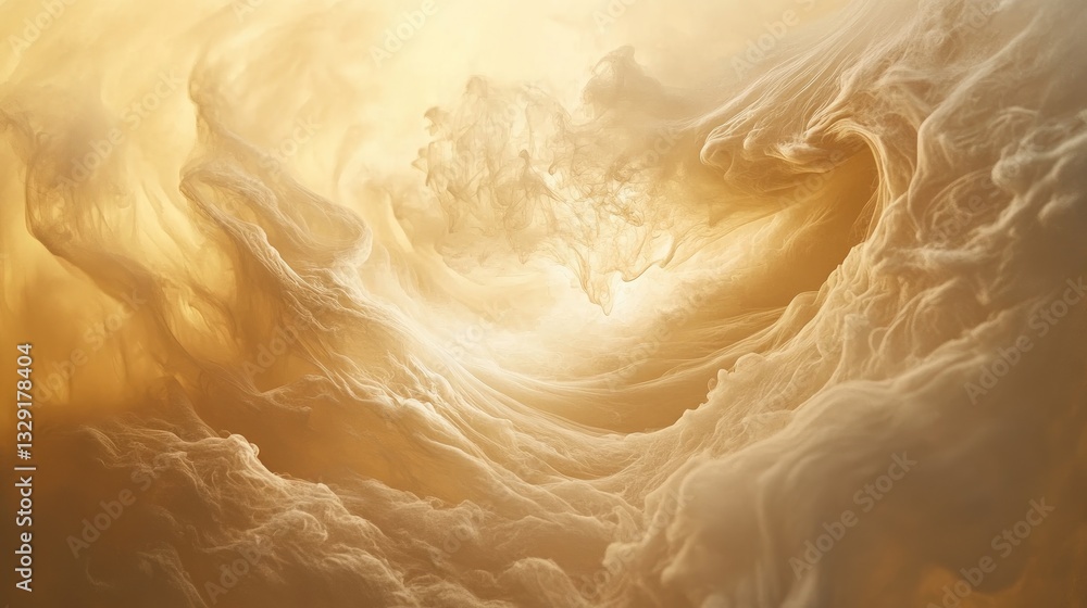 Poster abstract golden cloud formation with swirling patterns in a luminous environment conveying warmth an