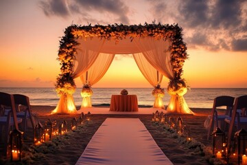 Beach wedding ceremony with floral arch and candlelit aisle
