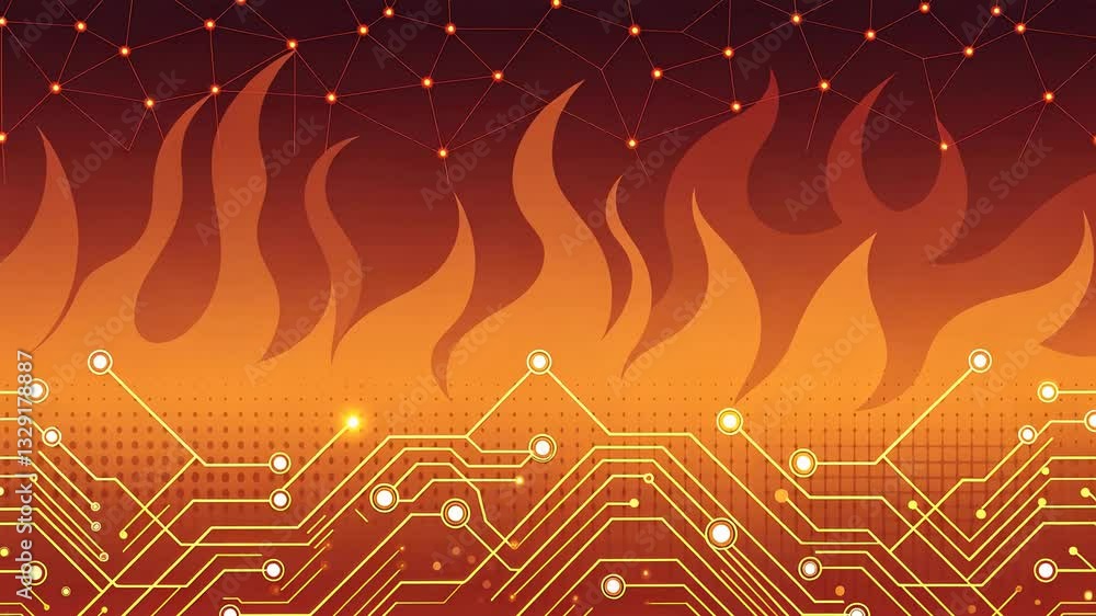 Poster futuristic and technology background concept, abstract digital circuit with fiery background