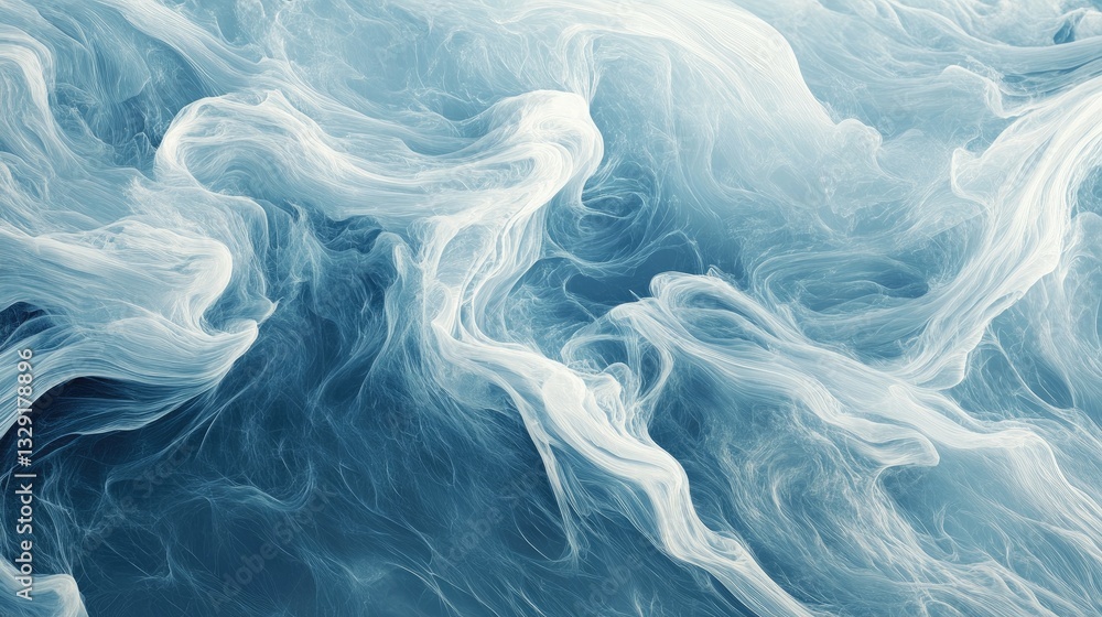 Poster abstract tranquil blue waves with soft white flowing patterns and gentle swirls in a fluid motion