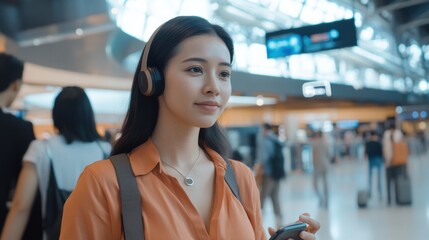 A wearable AI translator device, busy international airport with travelers using the device, Communication tech style
