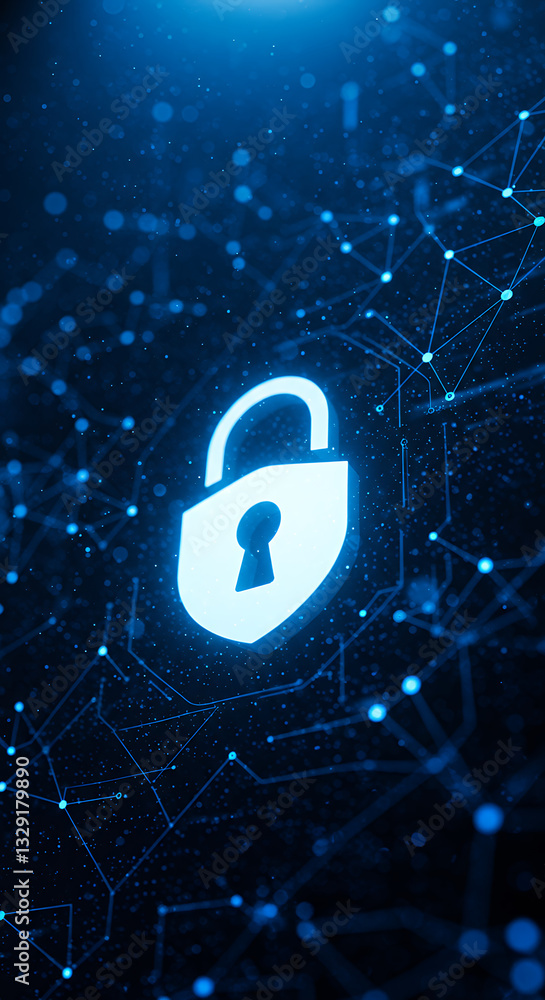 Poster digital security: cyber protection with lock & glowing tech connections, data privacy. futuristic ne