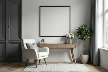 Modern gray living room interior with elegant chair, desk, flowers, and stylish accessories , elegant chair, plants, modern living room