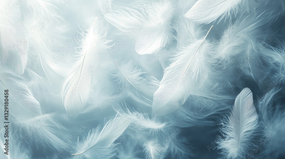 Poster soft and ethereal white feathers floating gracefully in a dreamlike background with a calm and seren