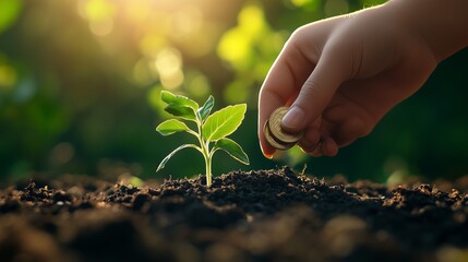 A hand planting a coin in soil with a small plant growing,