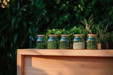 Glass jars filled with vibrant herbs arranged on wooden shelf ou