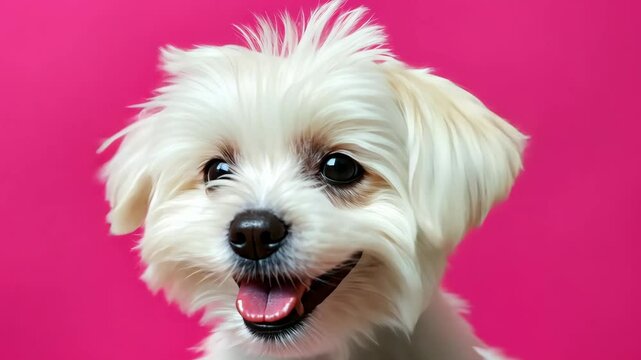 White dog with a pink background is smiling