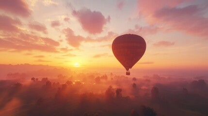 Serene Sunrise Over Misty Landscape with Hot Air Balloon in the Sky