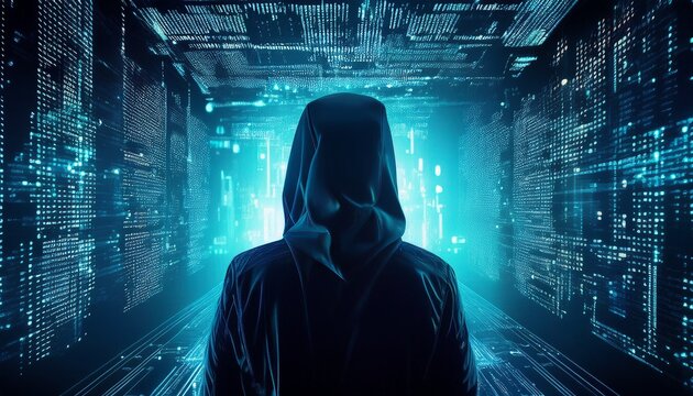 Eine dunkle Silhouette eines Hackers vor einem komplexem Code. Cybersicherheit.