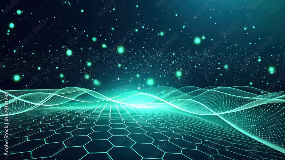 Poster futuristic and technology background concept, digital wave pattern with glowing hexagons
