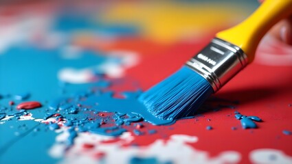 Close-up photography, paintbrush with blue paint, vibrant colors, red background,