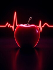 World Health Day.  A vibra red apple sits prominently against a dark background. With a glowing red EKG heartbeat line subtly displayed behind it. Symbolizing the connection between healthy eating and