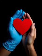 Obraz premium World Health Day. A doct wearing blue medical gloves and patient holding a vibrant red heart together, representing the powerful themes of healthcare, love, and compassionate support in a warm, caring