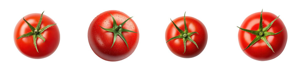 A group of fresh ripe red tomatoes with green stems displayed in a row against a clean white background
