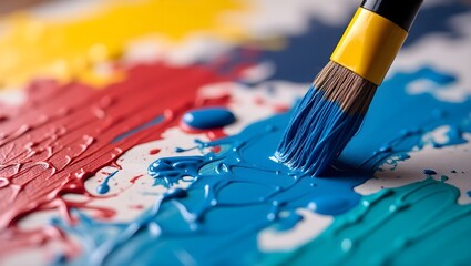 Close-up photography, paintbrush with blue paint, vibrant colors, red background,