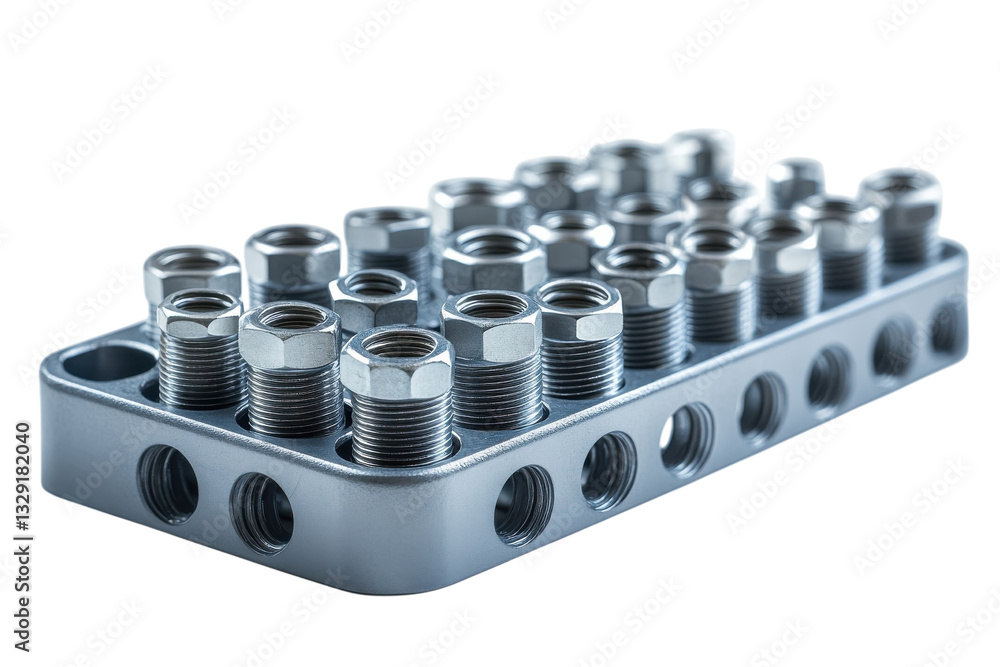 Poster a meticulously organized array of gleaming metal fittings, precisely nested in a sleek grey tray, sh