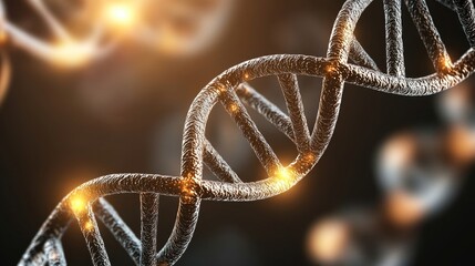 Close-up view of illuminated DNA helix against blurry dark background