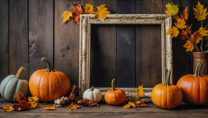 Fall-themed frame background with pumpkins, leaves, and seasonal items.