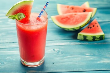 Refreshing Watermelon Smoothie with Slices on Blue Wood Surface