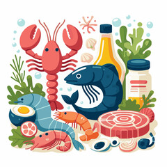 seafood, fish, restaurant, food, vector, illustration, menu, vintage, sketch, dinner, sea, fresh, design, ocean, shrimp, retro, ink, drawing, meal, background, lunch, graphic, market, gourmet, marine,