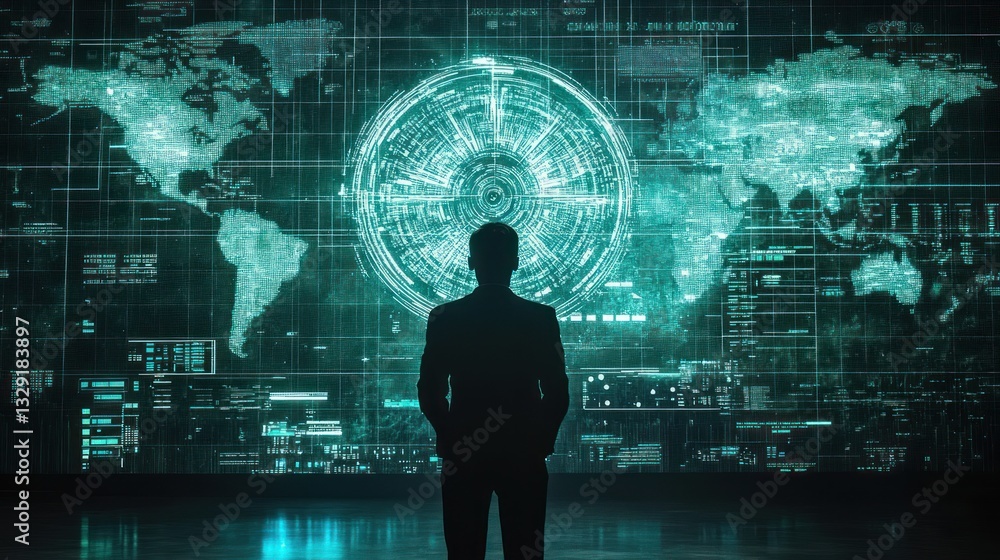 Aufkleber silhouette of man facing global data visualization.
