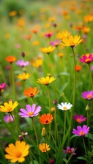 Obraz premium Vibrant wildflowers in yellow, red, purple hues Scattered blooms fill field , plant, petals, colorful nature