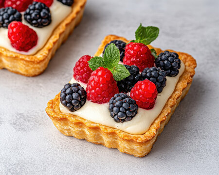 Homemade French tartlets with fresh berries, featuring raspberries, blackberries, and mint leaves, create delightful and colorful dessert