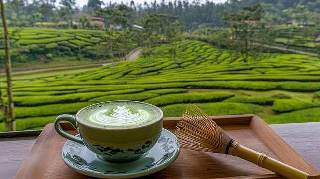 Matcha latte on tray overlooking tea plantation