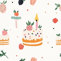 Seamless pattern featuring a birthday cake with colorful candles and festive decorations for joyful celebrations.