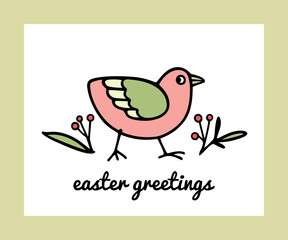 Vector Easter card with hand drawn sweet little bird in floral red berry wreath. Perfect Easter greetings, beautiful illustration, ink drawing
