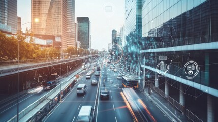 Fototapeta premium An advanced AI surveillance system, city street with smart cameras monitoring public areas, Security tech style