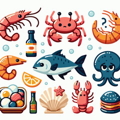 seafood, fish, restaurant, food, vector, illustration, menu, vintage, sketch, dinner, sea, fresh, design, ocean, shrimp, retro, ink, drawing, meal, background, lunch, graphic, market, gourmet, marine,