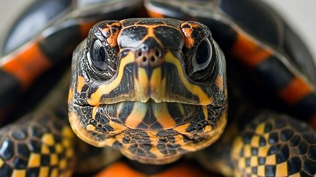 Close-up of a vibrant tortoise showcasing its intricate shell patterns and features in a serene setting