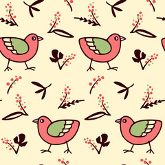 Vector seamless pattern with hand drawn sweet little birds with leaves and twigs. Perfect Easter celebration design elements, beautiful illustration, ink drawing