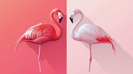 Obraz premium Graceful pink flamingo stands elegantly against a soft pink backdrop, its delicate neck arched gracefully as it gazes subtly to the left, embodying tranquil beauty