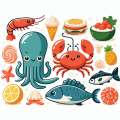 seafood, fish, restaurant, food, vector, illustration, menu, vintage, sketch, dinner, sea, fresh, design, ocean, shrimp, retro, ink, drawing, meal, background, lunch, graphic, market, gourmet, marine,