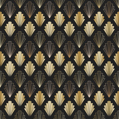 Art deco Geometric sign seamless pattern. Vintage style symbols on the dark brown background. Gold coloured decoration. EPS 10 golden design vector backdrop.