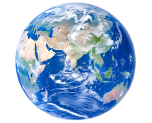 Image of earth or blue planet showing Africa and Southeast Asia isolated on white background generated with AI