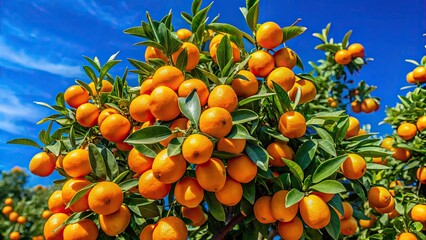 Autumn harvest: a panoramic view of a kumquat orchard bathed in sunshine, ripe citrus bursting with color.