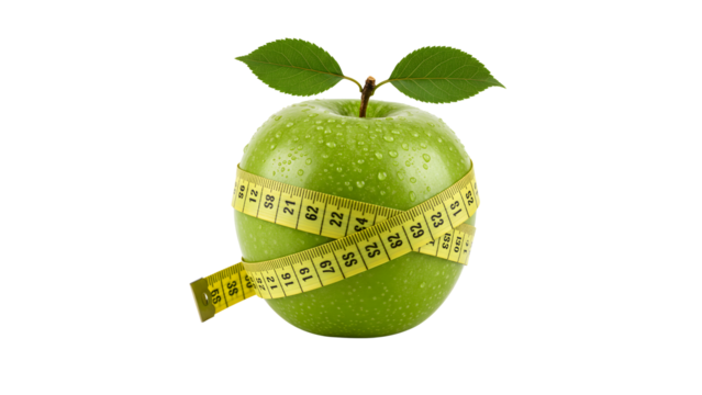 Fresh green apple with Measuring tape. Diet concept isolated on transparent background Generative Ai