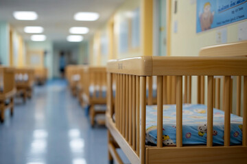 Nursery room with empty cribs during daytime hours