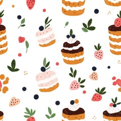 Seamless pattern featuring a delicious vanilla cake adorned with creamy frosting and decorative sprinkles.