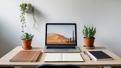 Modern workspace with plants and laptop on a wooden desk for productive working environment