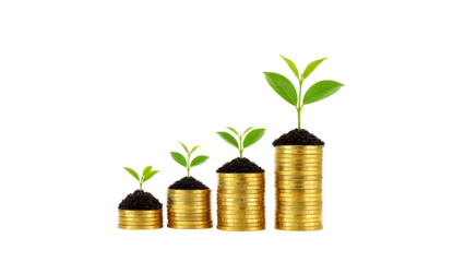 Three stacks of golden coins money growth concept isolated on transparent background. generative ai