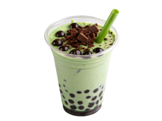 Green Bubble Tea with Tapioca Pearls and Mint Garnish – Refreshing Drink